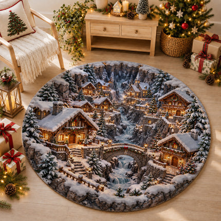 Christmas Round Doormat with Snowy Alpine Village