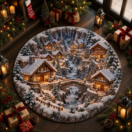 Christmas Round Doormat with Snowy Alpine Village
