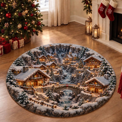 Christmas Round Doormat with Snowy Alpine Village