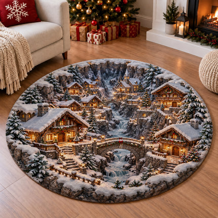 Christmas Round Doormat with Snowy Alpine Village