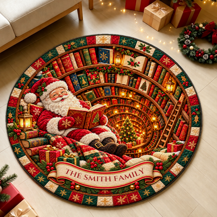 Personalized Christmas Santa Reading Doormat Cozy Library Round Rug