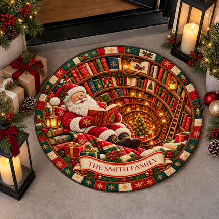 Personalized Christmas Santa Reading Doormat Cozy Library Round Rug