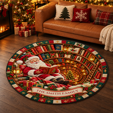 Personalized Christmas Santa Reading Doormat Cozy Library Round Rug