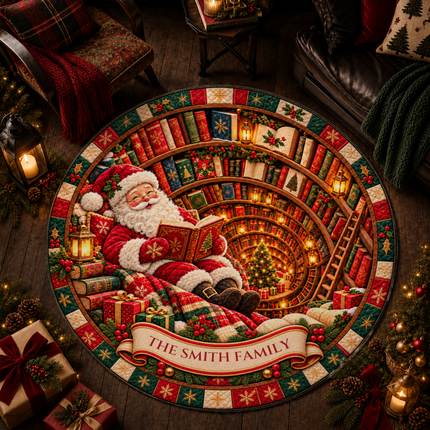 Personalized Christmas Santa Reading Doormat Cozy Library Round Rug