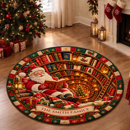 Personalized Christmas Santa Reading Doormat Cozy Library Round Rug