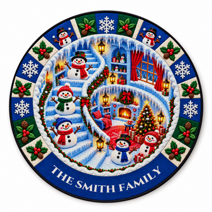 Personalized Snowman Christmas Doormat Family Name Round Rug