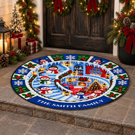 Personalized Snowman Christmas Doormat Family Name Round Rug