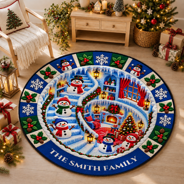 Personalized Snowman Christmas Doormat Family Name Round Rug