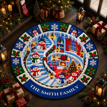 Personalized Snowman Christmas Doormat Family Name Round Rug