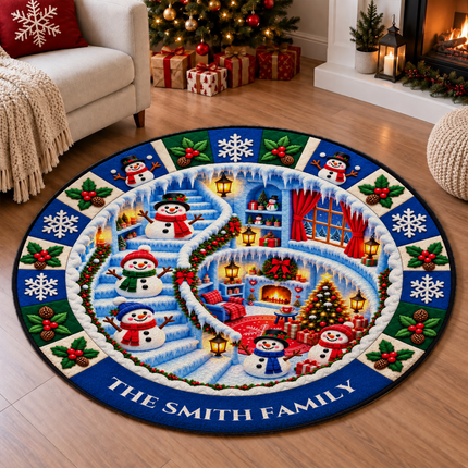 Personalized Snowman Christmas Doormat Family Name Round Rug
