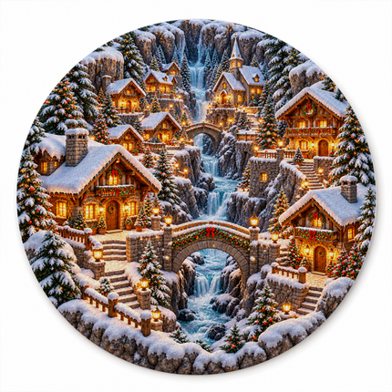 Snowy Christmas Village Round Doormat Waterfall Winter Wonderland Rug