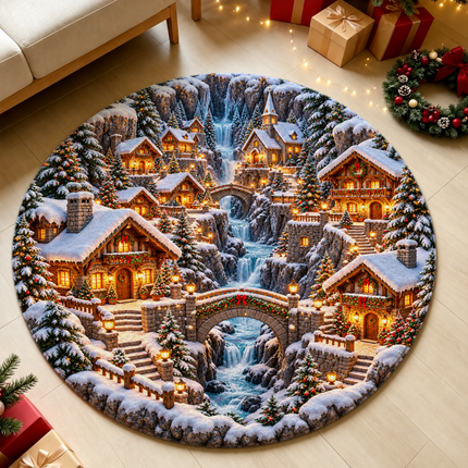 Snowy Christmas Village Round Doormat Waterfall Winter Wonderland Rug