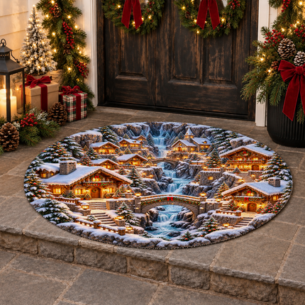 Snowy Christmas Village Round Doormat Waterfall Winter Wonderland Rug