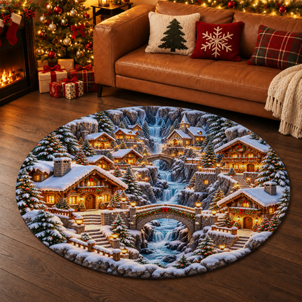 Snowy Christmas Village Round Doormat Waterfall Winter Wonderland Rug