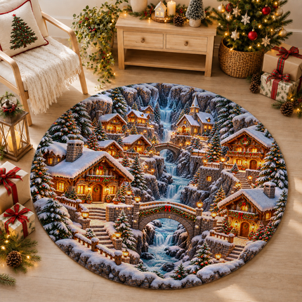 Snowy Christmas Village Round Doormat Waterfall Winter Wonderland Rug