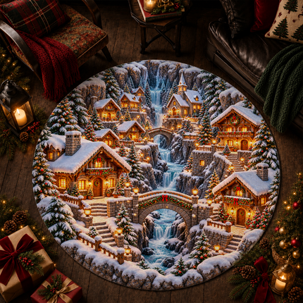 Snowy Christmas Village Round Doormat Waterfall Winter Wonderland Rug