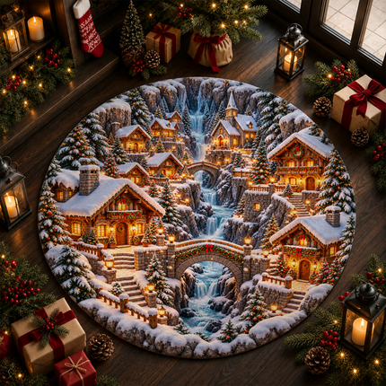 Snowy Christmas Village Round Doormat Waterfall Winter Wonderland Rug