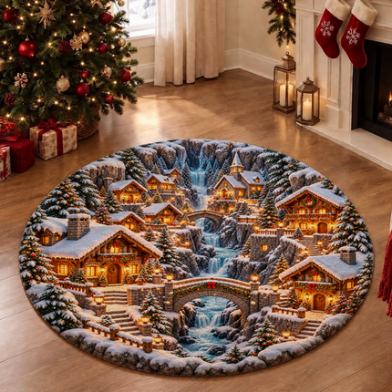 Snowy Christmas Village Round Doormat Waterfall Winter Wonderland Rug