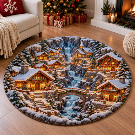 Snowy Christmas Village Round Doormat Waterfall Winter Wonderland Rug
