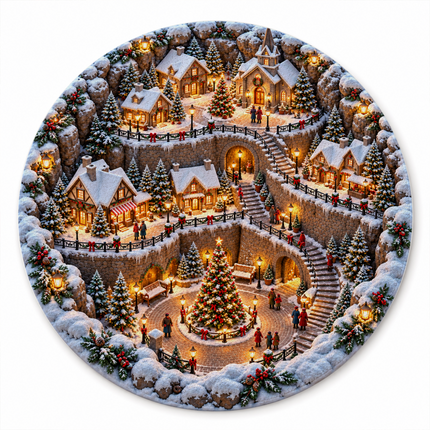 Snowy Christmas Village Round Doormat Cozy Winter Town Rug