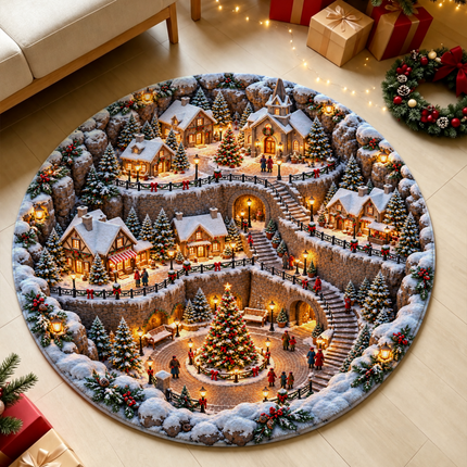 Snowy Christmas Village Round Doormat Cozy Winter Town Rug