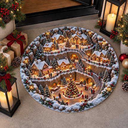 Snowy Christmas Village Round Doormat Cozy Winter Town Rug