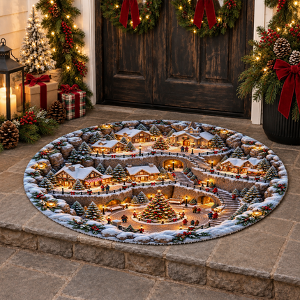 Snowy Christmas Village Round Doormat Cozy Winter Town Rug