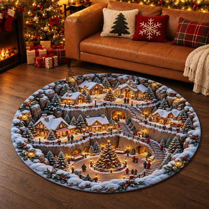 Snowy Christmas Village Round Doormat Cozy Winter Town Rug