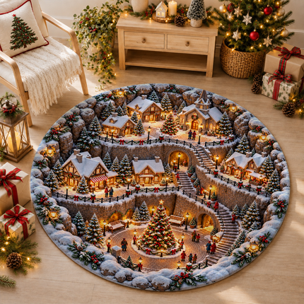 Snowy Christmas Village Round Doormat Cozy Winter Town Rug