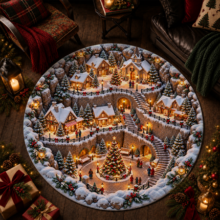 Snowy Christmas Village Round Doormat Cozy Winter Town Rug