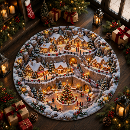 Snowy Christmas Village Round Doormat Cozy Winter Town Rug