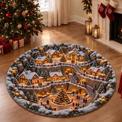 Snowy Christmas Village Round Doormat Cozy Winter Town Rug