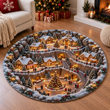 Snowy Christmas Village Round Doormat Cozy Winter Town Rug
