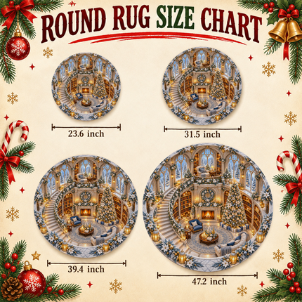 Christmas Library Round Doormat White Gold Winter Wonderland Rug