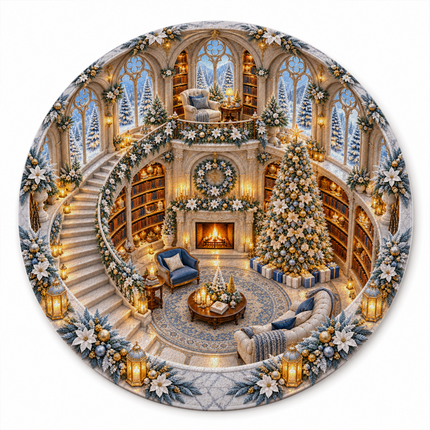 Christmas Library Round Doormat White Gold Winter Wonderland Rug