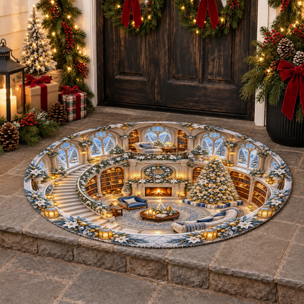 Christmas Library Round Doormat White Gold Winter Wonderland Rug
