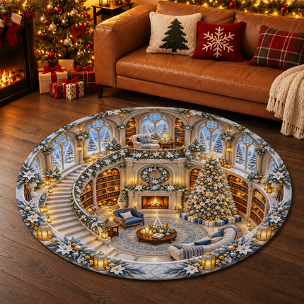Christmas Library Round Doormat White Gold Winter Wonderland Rug