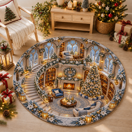 Christmas Library Round Doormat White Gold Winter Wonderland Rug