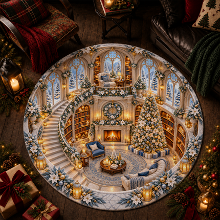 Christmas Library Round Doormat White Gold Winter Wonderland Rug