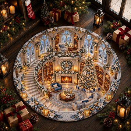 Christmas Library Round Doormat White Gold Winter Wonderland Rug