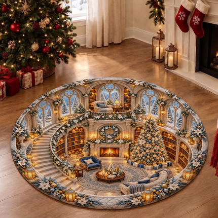 Christmas Library Round Doormat White Gold Winter Wonderland Rug