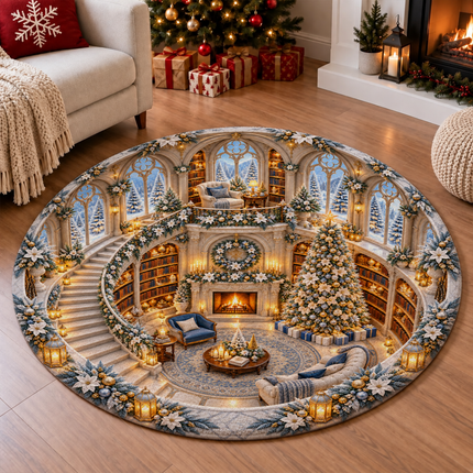 Christmas Library Round Doormat White Gold Winter Wonderland Rug