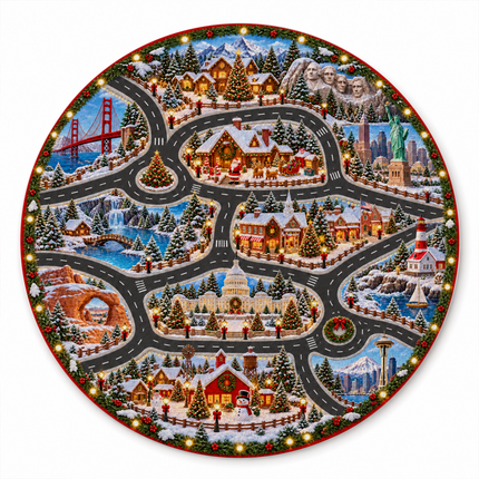 Christmas USA Road Trip Doormat American Landmarks Round Rug