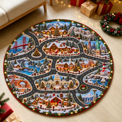 Christmas USA Road Trip Doormat American Landmarks Round Rug