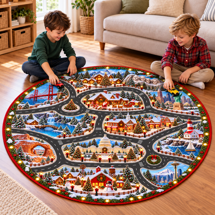 Christmas USA Road Trip Doormat American Landmarks Round Rug