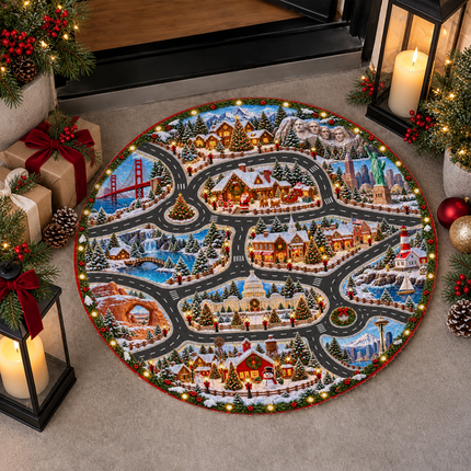 Christmas USA Road Trip Doormat American Landmarks Round Rug