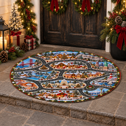 Christmas USA Road Trip Doormat American Landmarks Round Rug
