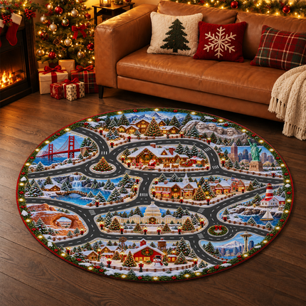 Christmas USA Road Trip Doormat American Landmarks Round Rug