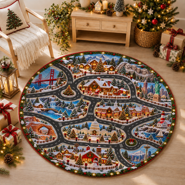 Christmas USA Road Trip Doormat American Landmarks Round Rug