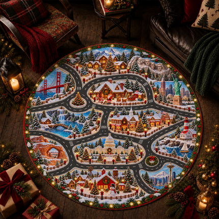 Christmas USA Road Trip Doormat American Landmarks Round Rug